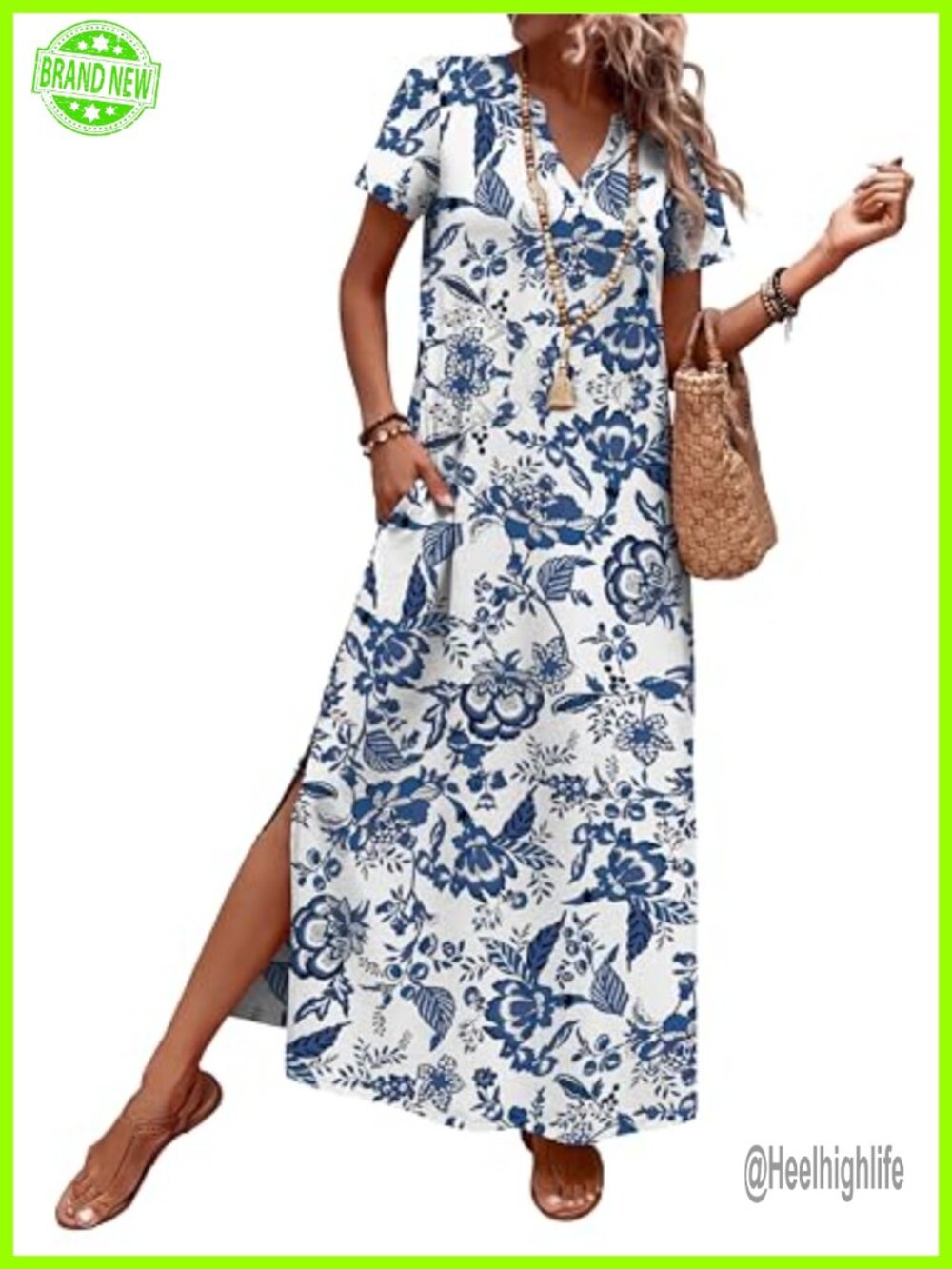 Maxi Dress with Pockets Short Sleeve V-Neck Side Slit Beach Vacation - Picture 4 of 7